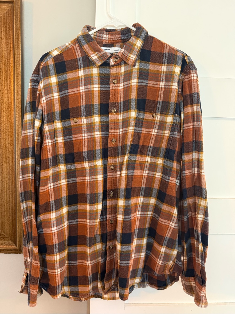 Sonoma Men's Orange and Navy Plaid Button-Down Shirt